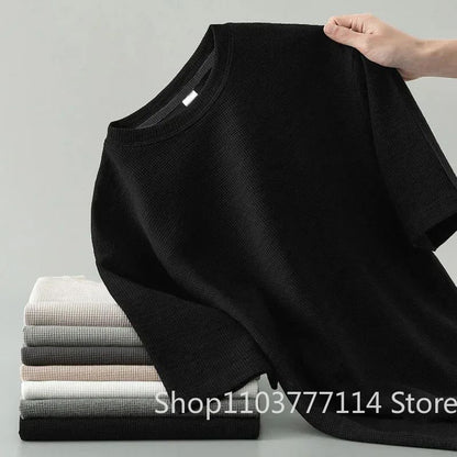 Korean Style Men Summer T-Shirt Man Short Sleeved Waffle Solid T-Shirt Color Casual Tee Round Men's Round Neck Fashion Top