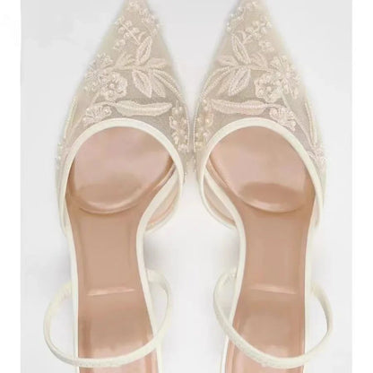 Elegant Mesh Embroidered Flowers Designer Heeled Sandals Women 2025 Summer Sexy Slingback Pointed Toe Thin High Heels Dress Shoe