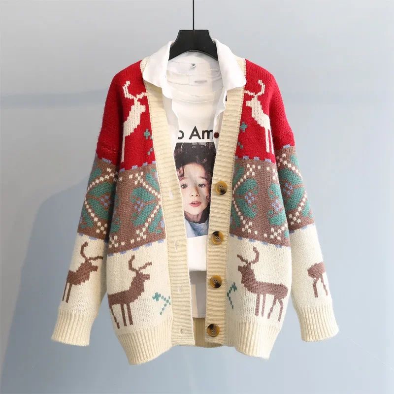 Knitted  Christmas Sweater Knit Sweaters For Men Cardigan Couple Vintage Sweater Cardigans Coat Y2K Jacket Men's Clothing