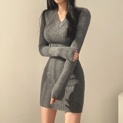Women Knit Slim Sexy Bodycon Dress V-Neck Long Sleeve Dress Solid Casual Midi Sw
