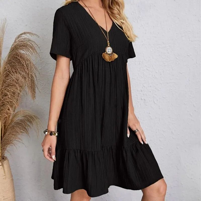 Women Summer Peplum Dresses Spring V-Neck Short Sleeve Loose Waist Ruffle Fit Fl
