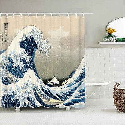 Japanese-style Waves Printing Shower Curtain with Hooks Home Decoration Bathroom Curtains 180x180cm Waterproof Polyester Fabric