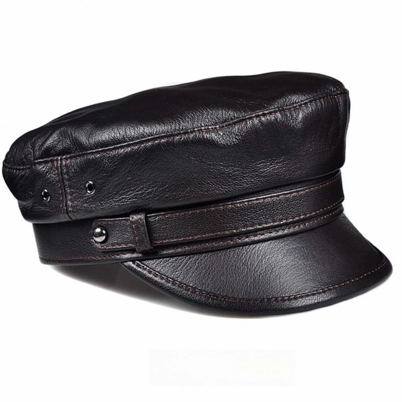 Chapéus Masculinos/Femininos de Inverno em Couro Genuíno Azul-Marinho Unissex Europeu/Americano Streetwear Bonés Pretos Ajustados com Cinto Outdoor Gorro