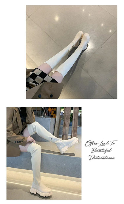 Women's Solid Color Chunky Heel Boots, Stylish Side Zipper Over The Knee Boots, Fashion Platform Long Boots