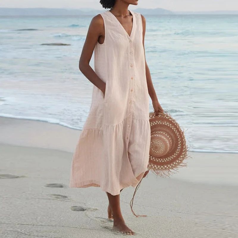 Summer Loose Casual Patchwork Cotton Linen Pocktes Dress V Neck Beach Style Dres