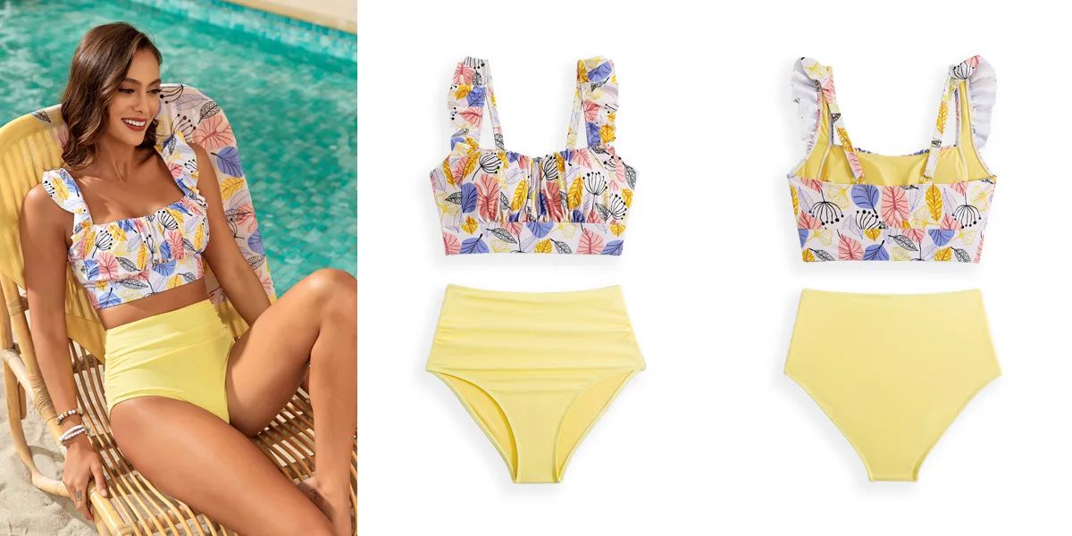 Fashion Printing Swimsuit Two Piece For Women Ruffle Swimwear Tops And High Waist Bikini Swim Shorts For Women For Teen Girls