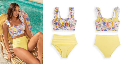 Fashion Printing Swimsuit Two Piece For Women Ruffle Swimwear Tops And High Waist Bikini Swim Shorts For Women For Teen Girls