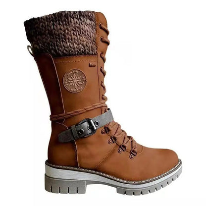 2025 Women Winter Buckle Lace Knitted Mid-calf Boots Low Heel Round Toe Boots Top Quality Winter Warm Boots Women Botas De Mujer