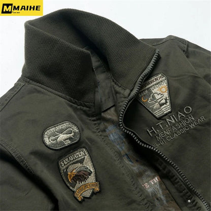 Retro Bomber Jackets Men Autumn Spring Embroidery Airplane Pilot Cargo Jackets Male Stand Collar  Embroidery Tactical Coats