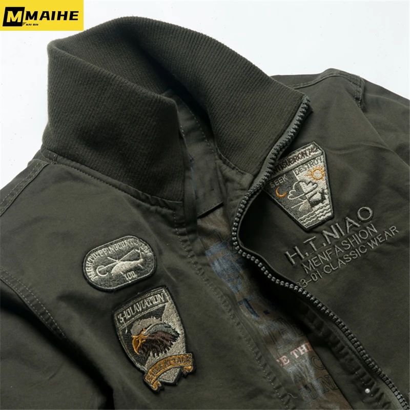 Retro Bomber Jackets Men Autumn Spring Embroidery Airplane Pilot Cargo Jackets Male Stand Collar  Embroidery Tactical Coats