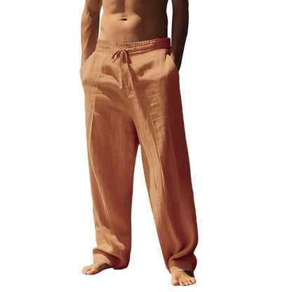 Calça Casual Masculina de Linho com Elástico na Cintura, Calça de Praia Leve com Cordão, Calça de Yoga de Verão Cor Sólida, Calça de Praia