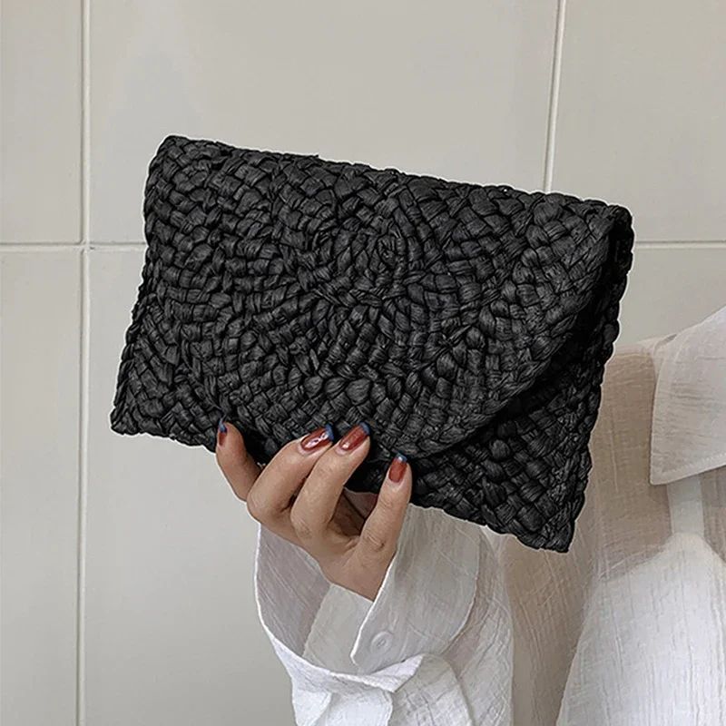 Fashionable Corn Husk Straw Bags Hand-woven Women Clutch Envelope Handbag Long Purse for Female Summer Beach Bag Bolsa 2024