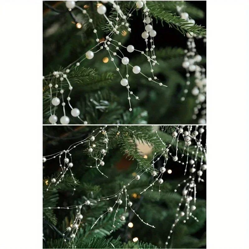 Christmas Pearl Bead Garland with Fishing Line Floral Hanging Ornament Bendable Design for Tree Decor Festival Party Arrangement