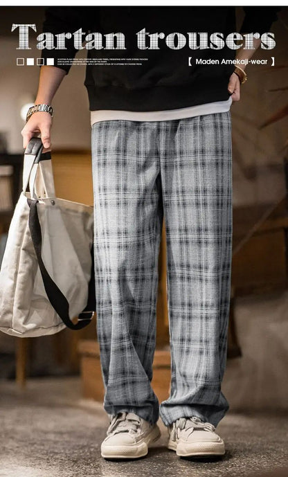 Maden Calça Cargo Xadrez Masculina Vintage Primavera Leve Caimento Solto Cintura com Cordão Calças Retas Casuais Perna Larga