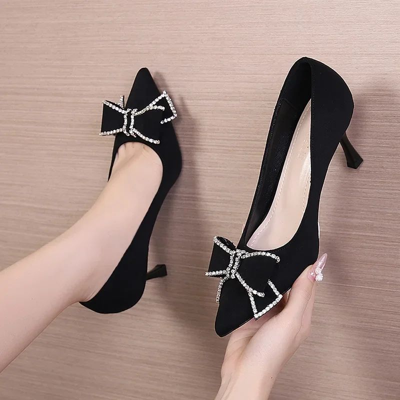 Versatile New Single Shoes Autumn and Winter  Sexy Pointy Rhinestone Black Mature Women's Thin Heels High-heel Zapatos Mujer