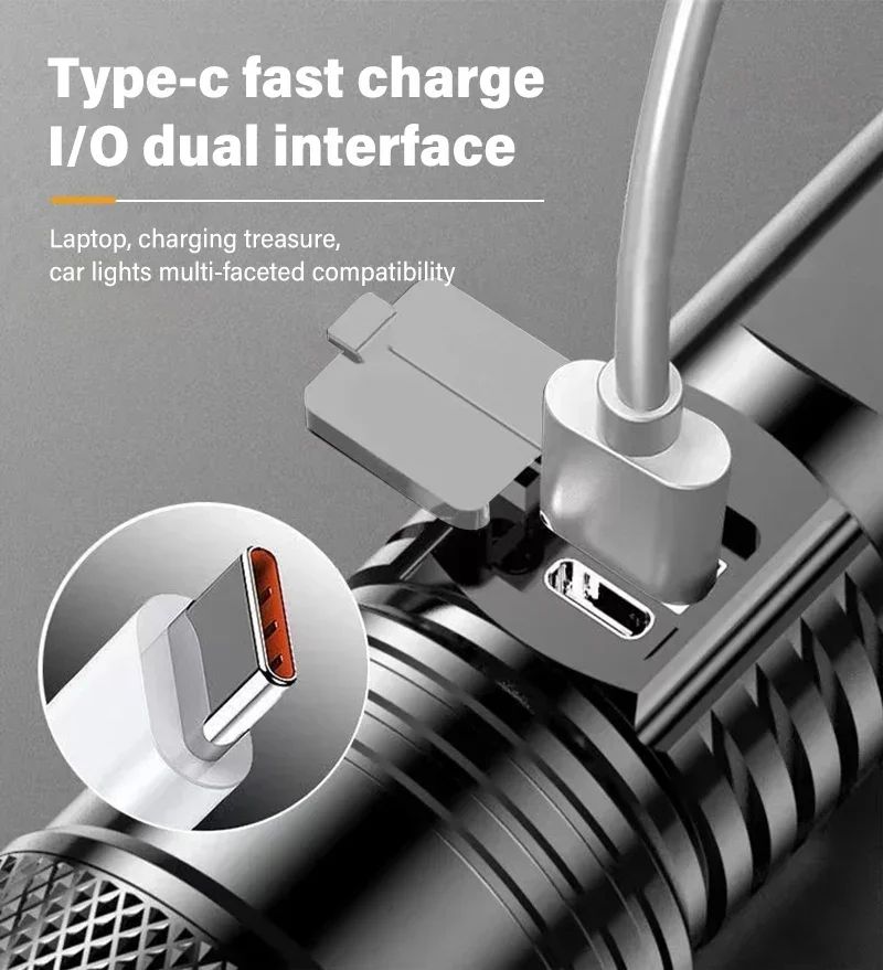 Tactical LED Flashlight 2000LM USB Rechargeable Waterproof Grade Zoom Torch Bright Portable Emergency Light for Camping Outdoor