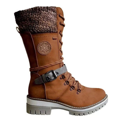2025 Women Winter Buckle Lace Knitted Mid-calf Boots Low Heel Round Toe Boots Top Quality Winter Warm Boots Women Botas De Mujer