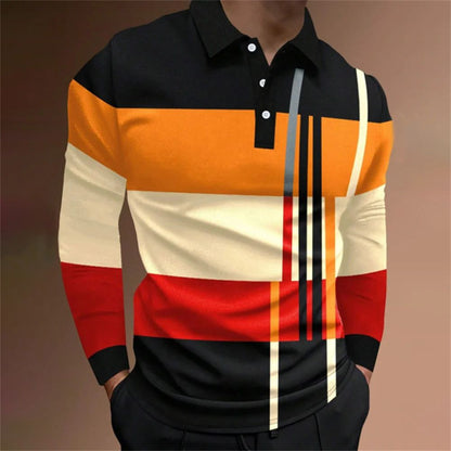 2025 autumn men's polo shirt long sleeved stand up collar patchwork printed top fashionable street casual T-shirt men's shirt