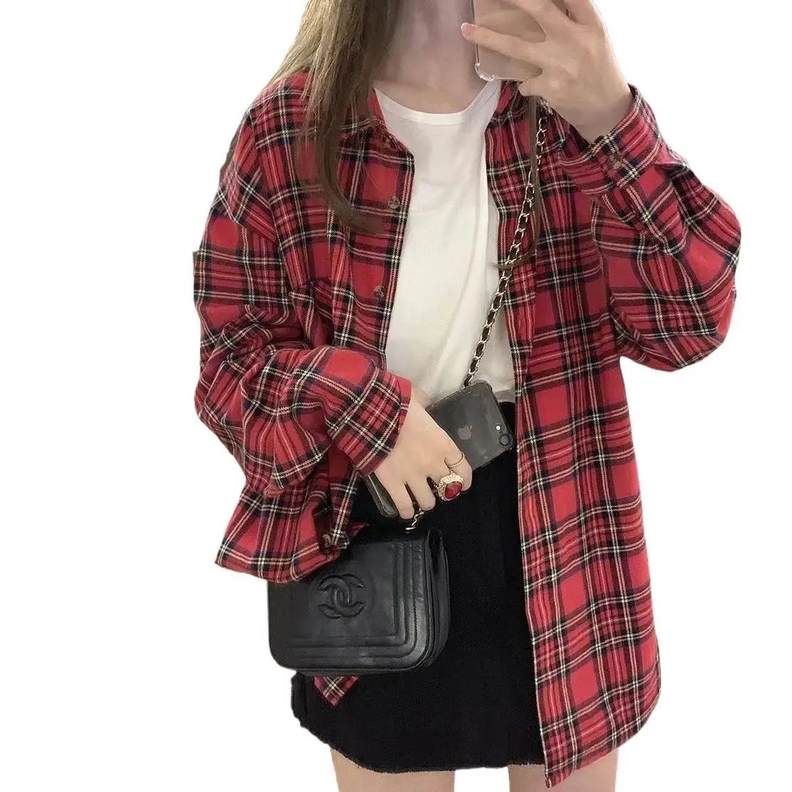 Scottish Red Plaid Shirt Luxury Hong Kong Style Vintage Loose Fit Women's Button up Shirt Polo Collar Full Sleeve Slim Fit