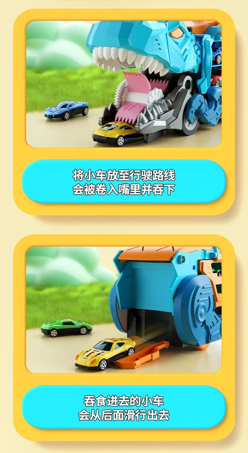Brinquedo Dinossauro para Crianças Meninos de 3 a 5 Anos, Conjunto de Pista de Carros Caminhão Transportador de Dinossauros com Carrinhos Diecast que se Transformam em Dinossauros