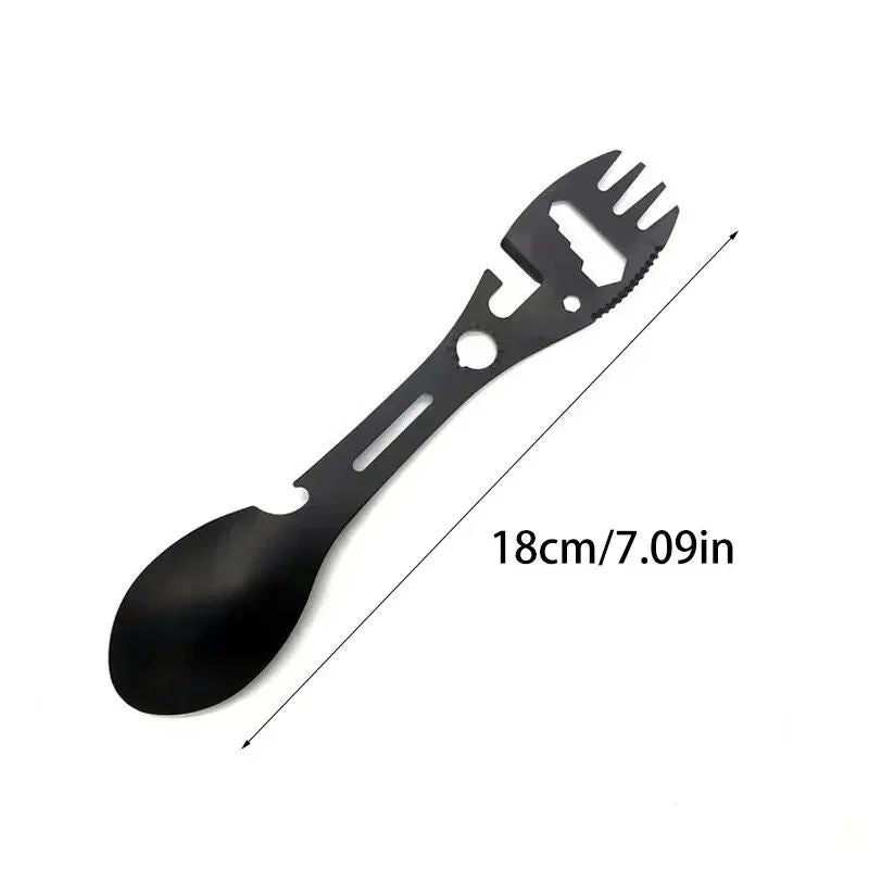 Outdoor Multi-functional 5-in-1 EDC Camping Survival Tool Stainless Steel Fork Knife Spoon Can Opener Bottle Opener Wrench
