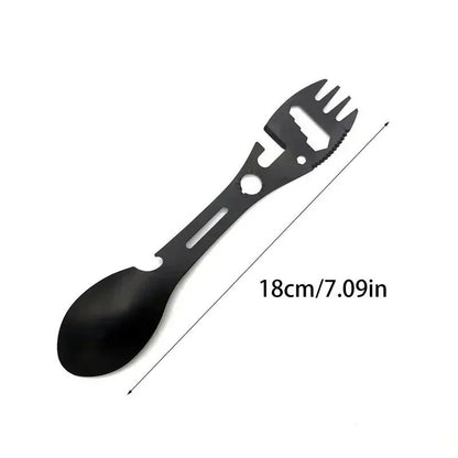 Outdoor Multi-functional 5-in-1 EDC Camping Survival Tool Stainless Steel Fork Knife Spoon Can Opener Bottle Opener Wrench