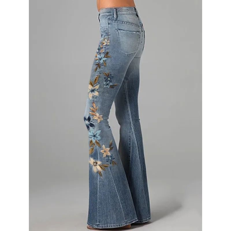 Women's Floral Embroidered High Waist Flared Jeans Vintage Boho Wide Leg Denim Pants for Party and Daily Outfits