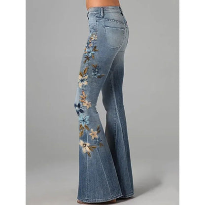Women's Floral Embroidered High Waist Flared Jeans Vintage Boho Wide Leg Denim Pants for Party and Daily Outfits