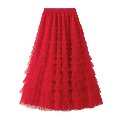 HOT Solid Multilayer Ruffle Mesh Skirt Women Boho High Waist Long Maxi Tulle Skirt Spring Summer Party Women's Clothing