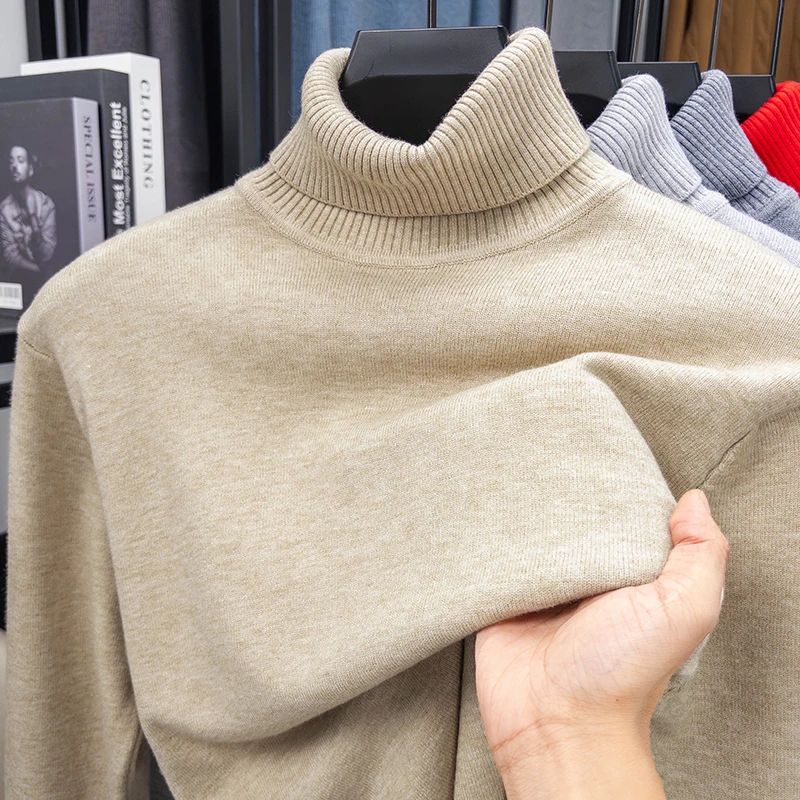 Autumn Mens High Quality Knitted Turtleneck Sweater Slim Fit Long Sleeve Anti-pilling Pullover Solid Color Trend Men Streetwea