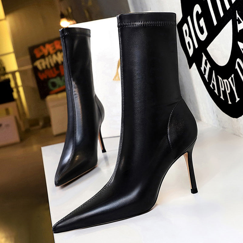 Women 7.5cm 10cm High Heels Leather Boots Lady Low Heels Short Ankle Boots Stripper Winter Warm Snow Plush Pointed Toe Shoes