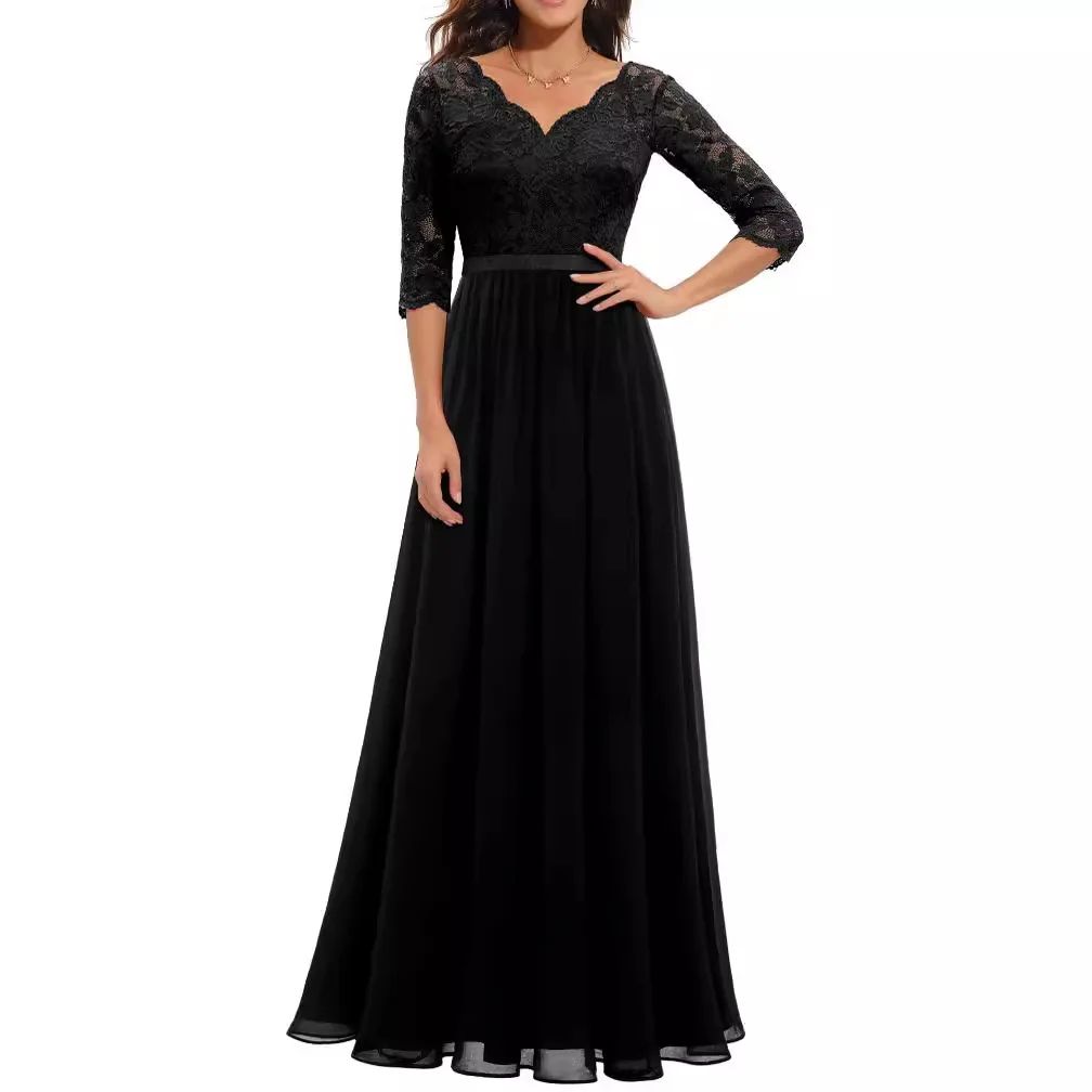 New 6-Color 5-Size Lace Splicing Long Waist-Cinching Elegant Dress Floor-Length V-Neck Polyester Fiber Evening Gown Dress