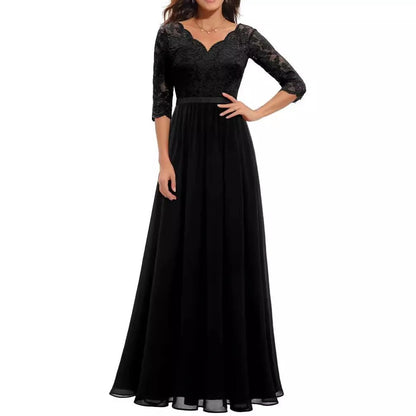 New 6-Color 5-Size Lace Splicing Long Waist-Cinching Elegant Dress Floor-Length V-Neck Polyester Fiber Evening Gown Dress