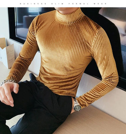 New Gold Velvet T Shirt Men Clothing Fashion Trend Male Luxury Prom Party Long-sleeved Striped Pullover Tops Homme