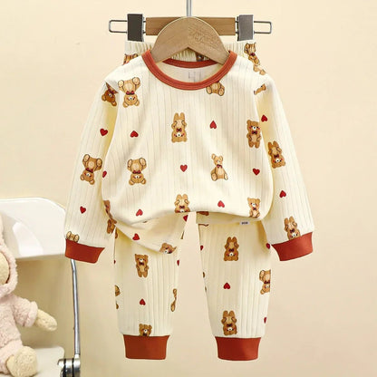 Kids Boys Girls Pure Cotton Warm Pajamas Cute Cartoon Long Sleeve T-Shirt + Pants Toddler Baby Autumn Underwear Clothing Sets