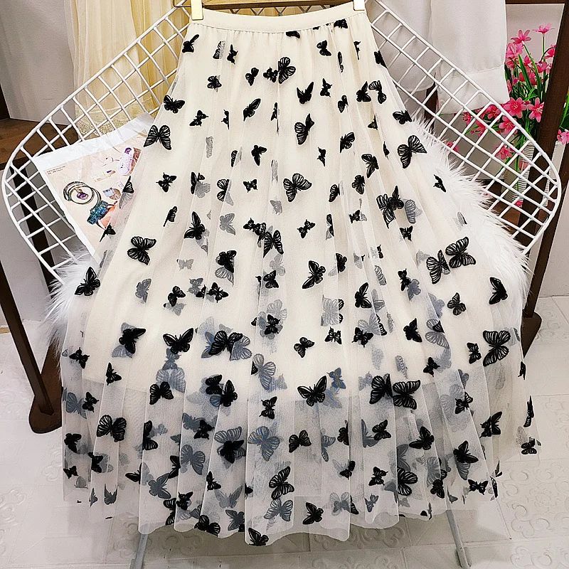 Butterfly Flocking Tulle Long Skirt Women Aesthetic Casual A Line Elastic High Waist Midi Mesh Skirt Female Black