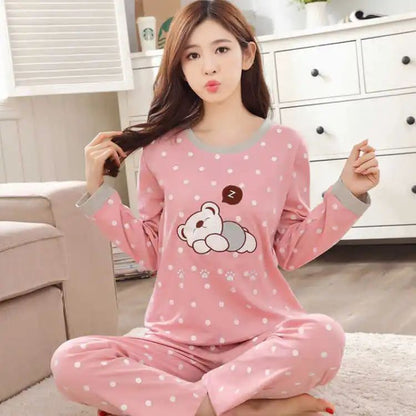 Autumn Thin 2pieces Pyjamas Set Women 2025 Round Neck Girls Bear Pajamas Sets Teacup Cat Full Sleepwear Tops lovers Pajama Mujer