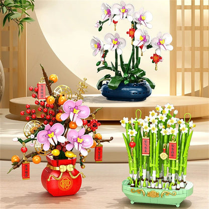 City Creativity Flower Bouquet Peach Blossom Narcissus Bonsai Potted Plant Building Blocks Model New year Home Decoration 2025