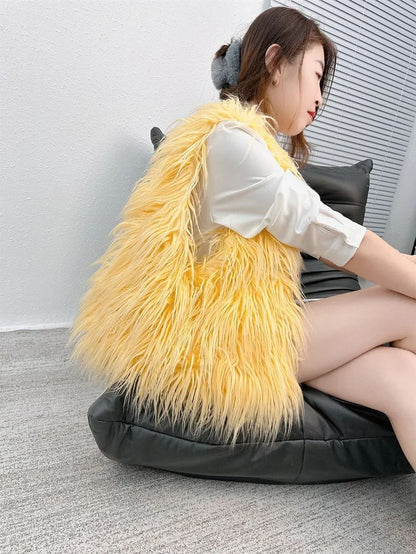 2025 NOVAS Bolsas de Ombro Pelúcia Lã Femininas Y2k Hot Girls Bolsa Saco com Cordão de Pele Sintética Moda Feminina Bolsas de Mão Peludas Tote