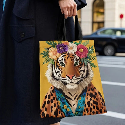 1pc Stylish Tiger & Leopard Print Tote Bag with Vibrant Floral Wreath Design Perfect for Shopping Commuting Gifting on Holidays