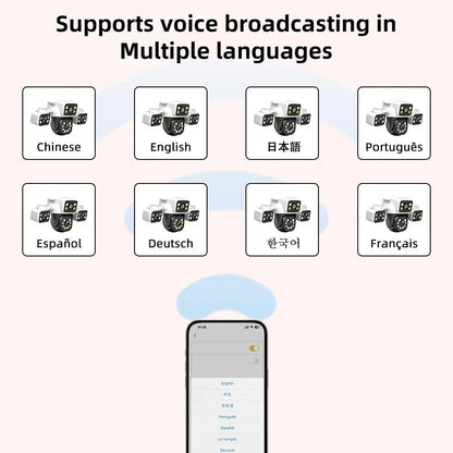 PEGATAH 6K 12MP Outdoor WiFi Camera Three Screen Three Lens 10X Zoom PTZ Automatic Tracking Audible Visual Alarm Security Cam