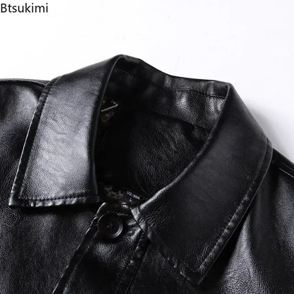 2025 Men's Soft PU Leather Jackets Business Office Coats Breathable Solid Male Faux Leather Jackets Warm Outerwear Plus Size 7XL