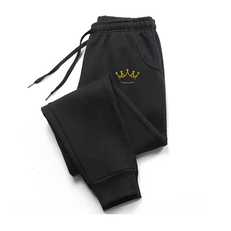 Calça Masculina Estampada Coroa Dourada Outono E Inverno Moletom Com Fleece Calça Masculina Casual Com Cordão Calça Esportiva De Jogging