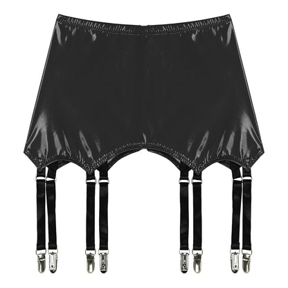 Womens Garters Latex Skirts Ladies Suspender Belt Wet Look Patent Leather Mini Skirts Garters with Metal Clips Clubwear Costume