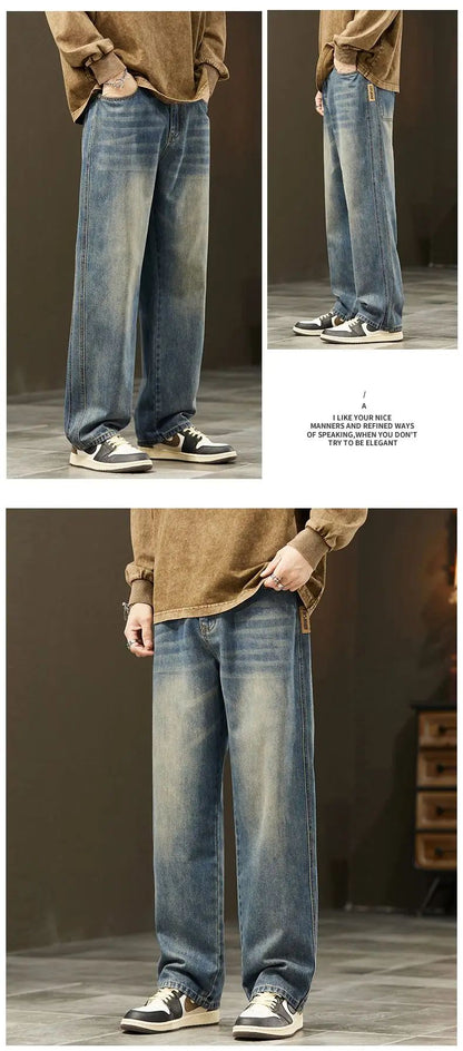 Streetwear Vintage Jeans Men's New Personality Thin Fashion Personalized Loose Trousers Casual Straight Wide Denim Pants Male