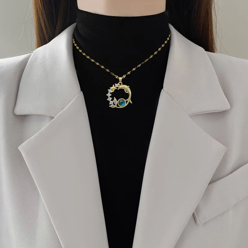 Colar Pingente Golfinho Requintado Cristal Azul para Mulheres Moda Personalizada Acessório Diário Joias de Festa Presentes de Aniversário