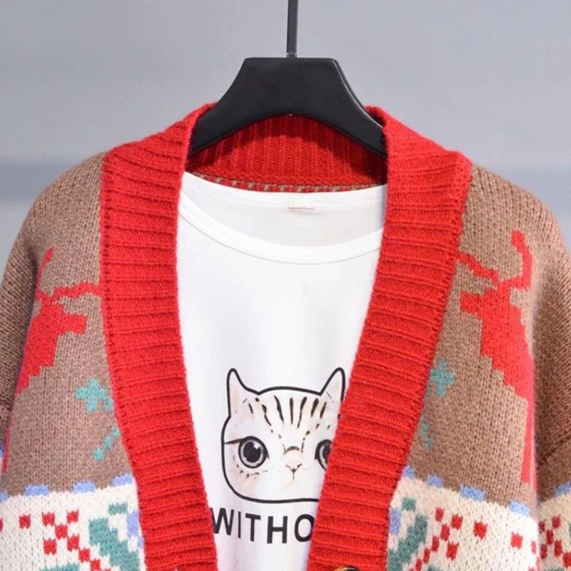 Knitted  Christmas Sweater Knit Sweaters For Men Cardigan Couple Vintage Sweater Cardigans Coat Y2K Jacket Men's Clothing