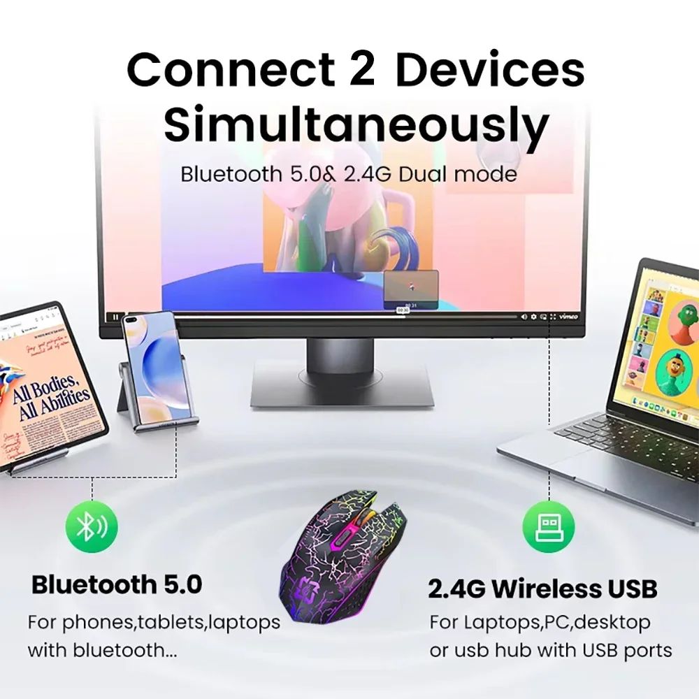 Mouse Bluetooth 5.2 RGB Sem Fio 2.4G Mouse Gamer Dual-Mode 6 Botões Silencioso Para MacBook Tablet Laptops Computador