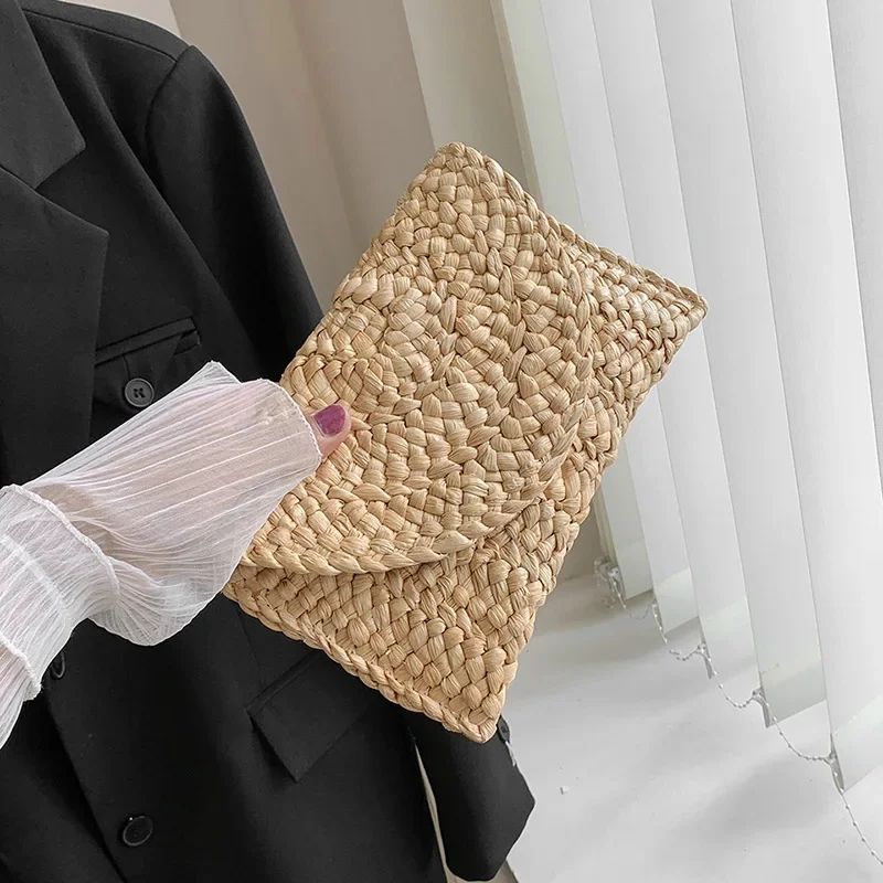 Fashionable Corn Husk Straw Bags Hand-woven Women Clutch Envelope Handbag Long Purse for Female Summer Beach Bag Bolsa 2024