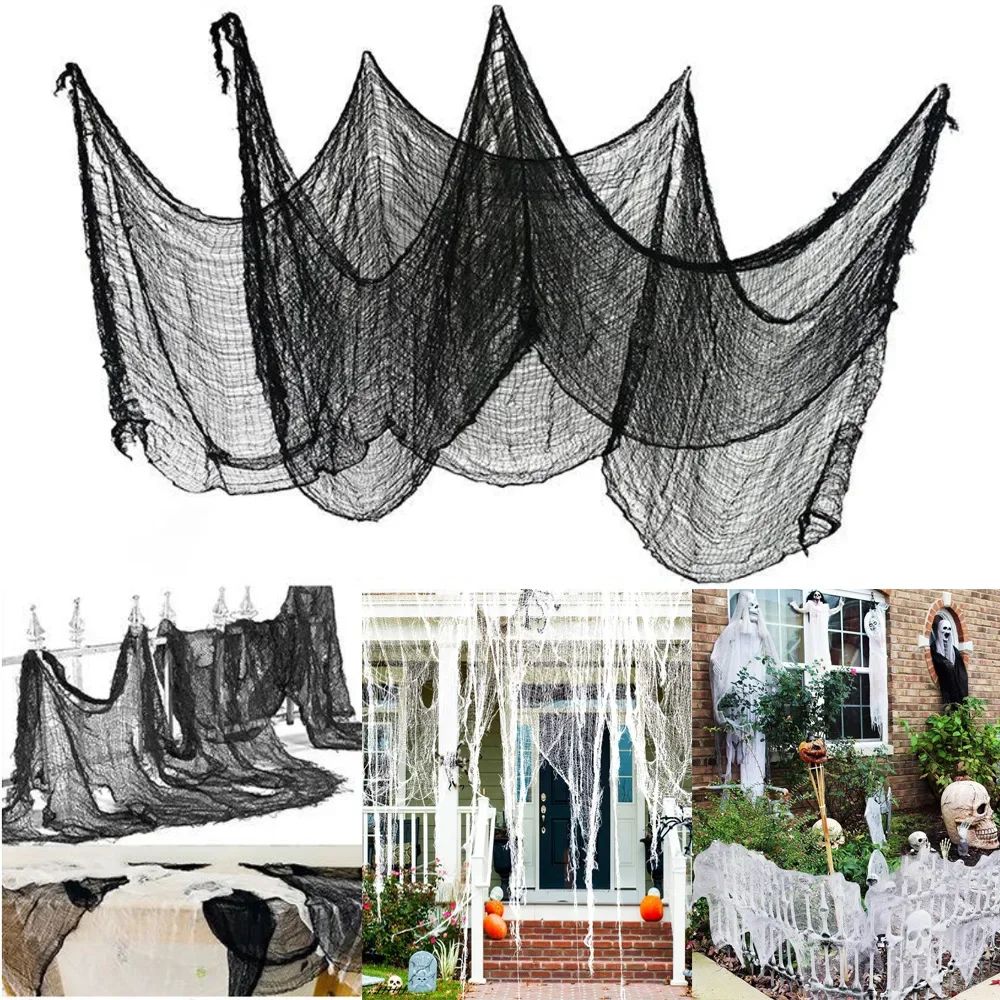 Decorações de Gaze Horripilantes de Halloween para Casa Assombrada com Teia de Aranha Preta Manchada de Sangue para Interiores Assustadoras para Pendurar no Corredor